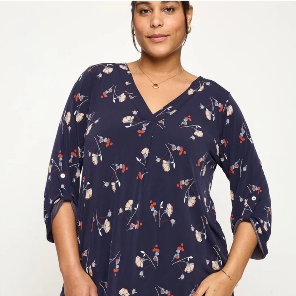 Navy Floral V-Neck Roll-Sleeve Blouse